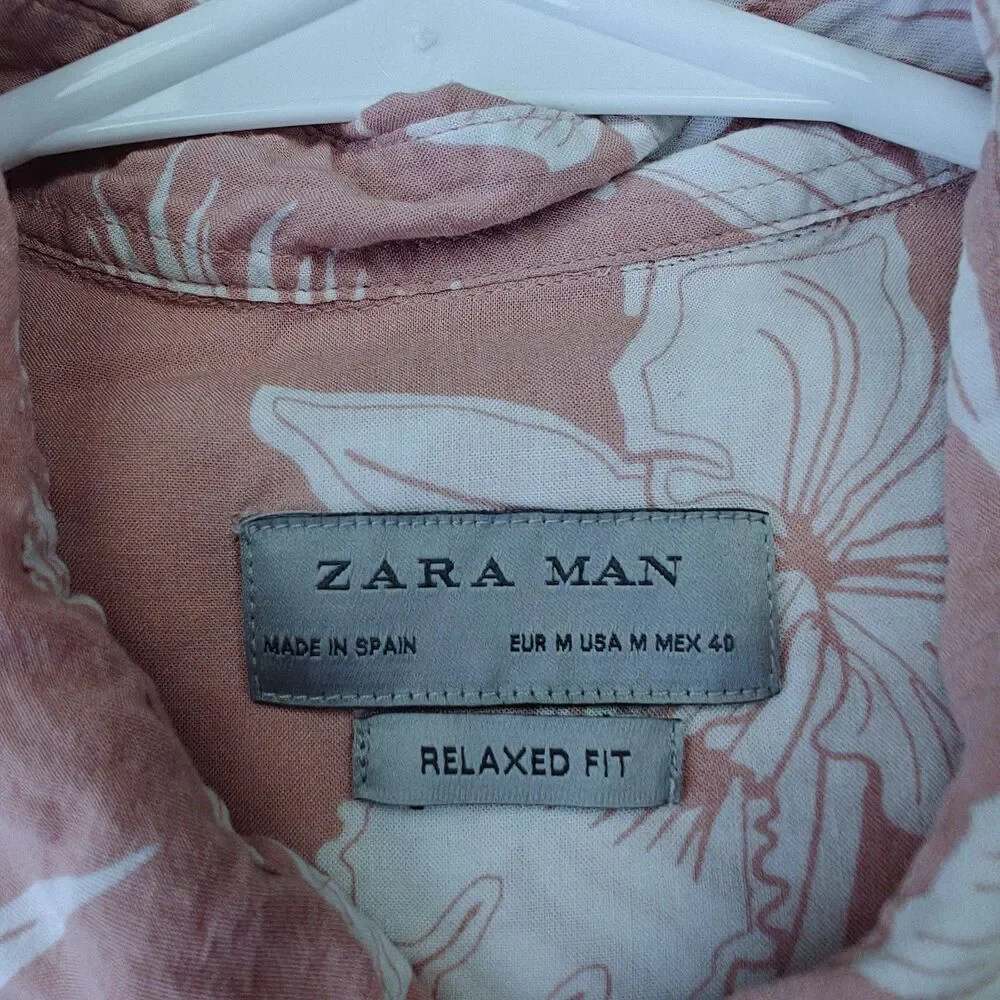 Zara Hawaiian Shirt Men's M Pink Tropical Floral Relaxed Fit Viscose Lightweight